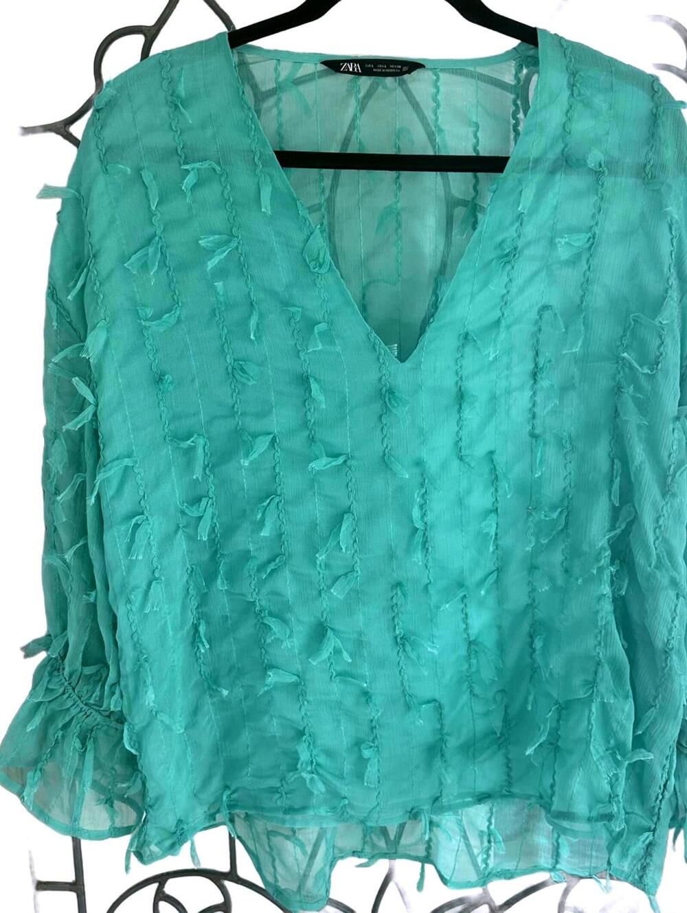 Zara Fringed Long Sleeve Semi-Sheer Teal V-Neck Blouse - L